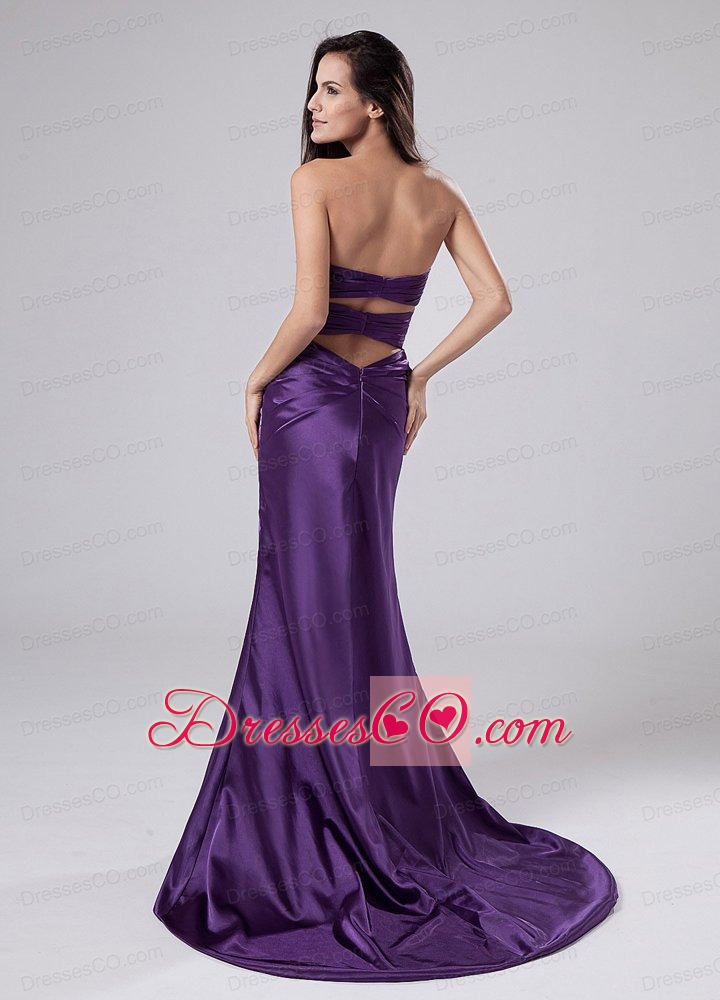 Beading Elastic Woven Satin Column Brush/Sweep Prom Dress Purple