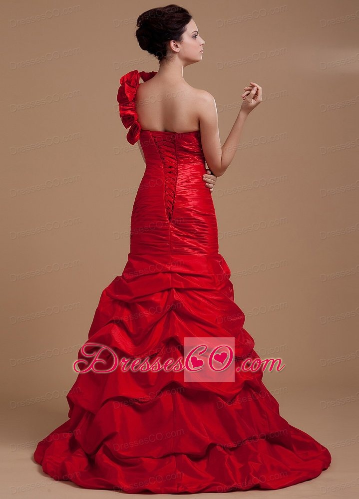Wine Red Prom Dress With One Shoulder Hand Made Flowers and Ruffled Layers Mermaid Brush Train