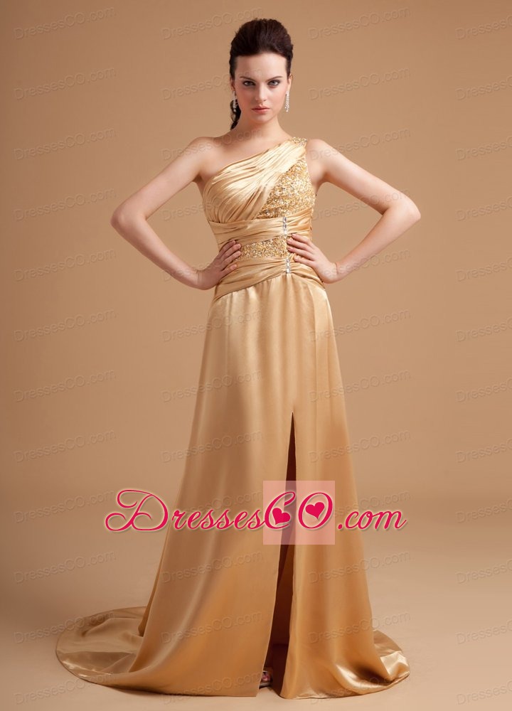 Beading Decorate Bodice One Shoulder High Slit Satin Champagne Brush Train Prom Dress