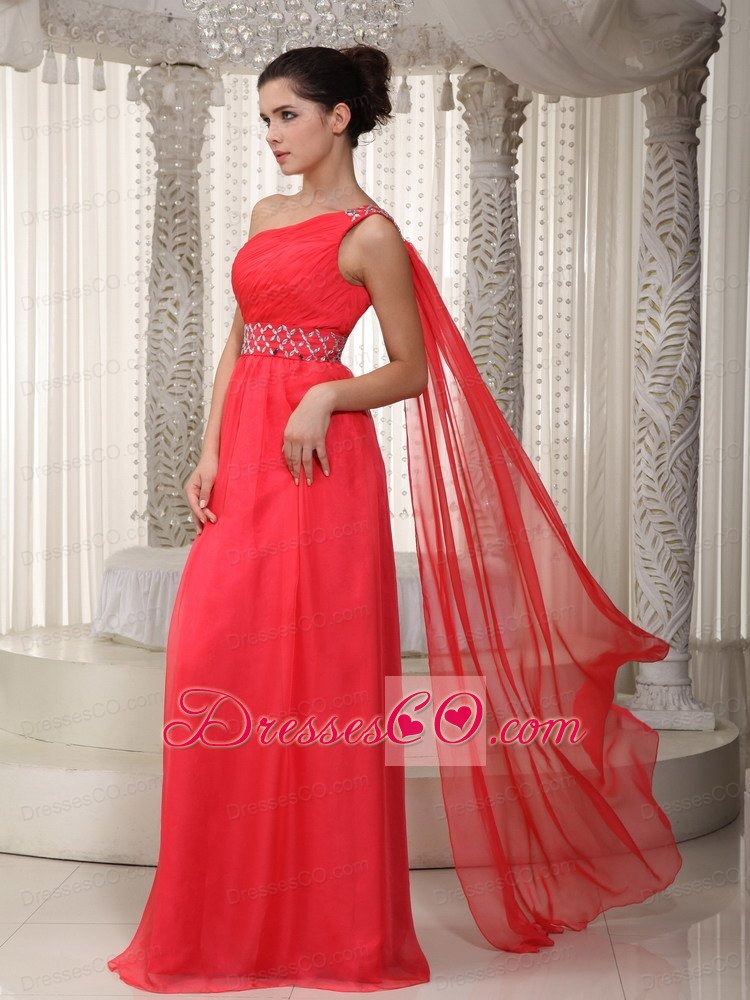 Coral Red Empire One Shoulder Watteau Train Chiffon Beading Prom Dress