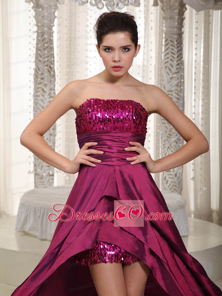 Wine Red A-line Strapless Asymmetrical Taffeta Sequins Prom Dress