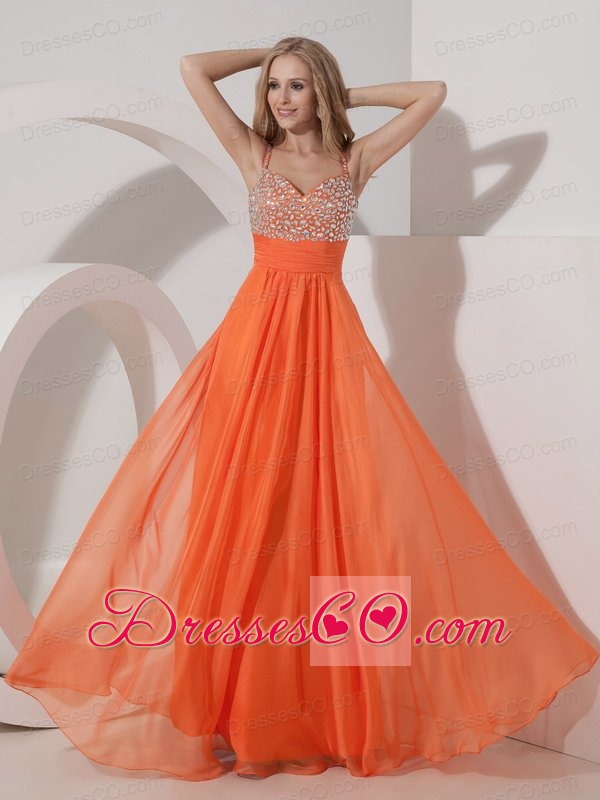Customize Orange Empire Straps Prom Dress Chiffon Beading Long