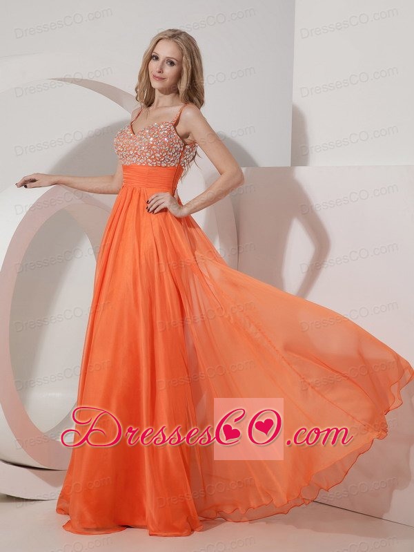Customize Orange Empire Straps Prom Dress Chiffon Beading Long