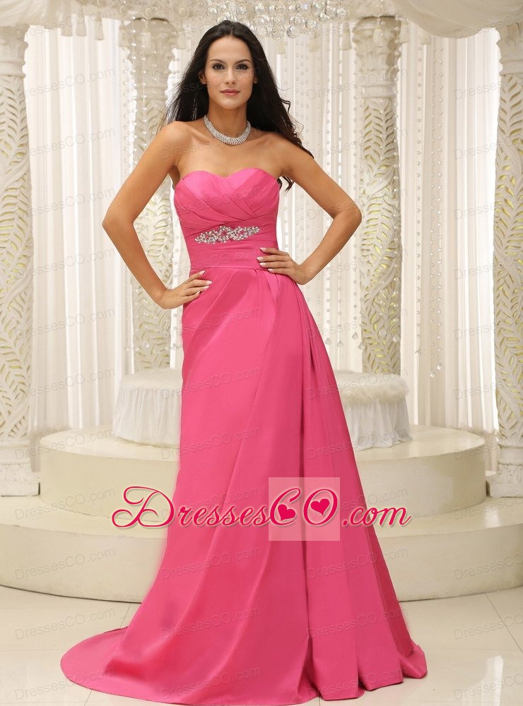 Rose Pink Ruched Bodice Satin Appliques For Bridesmaid Dress