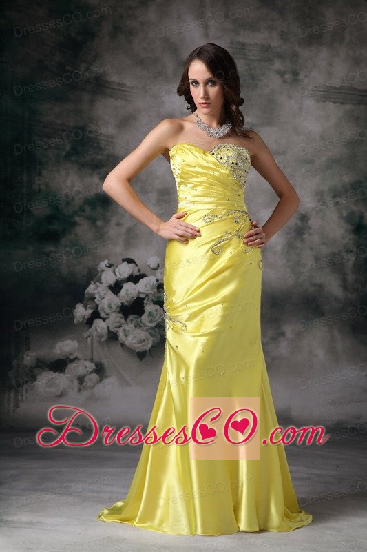 Exquisite Yellow Column Evening Dress Taffeta Beading Brush Train