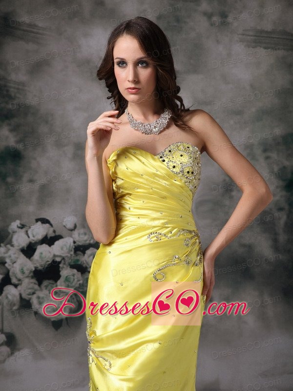 Exquisite Yellow Column Evening Dress Taffeta Beading Brush Train