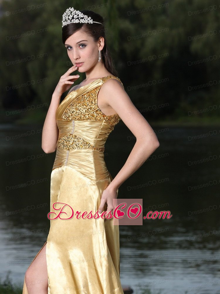 High Slit Gold Plus Size Prom Dress In Formal Party With One Shoulder Beaded Decorate
