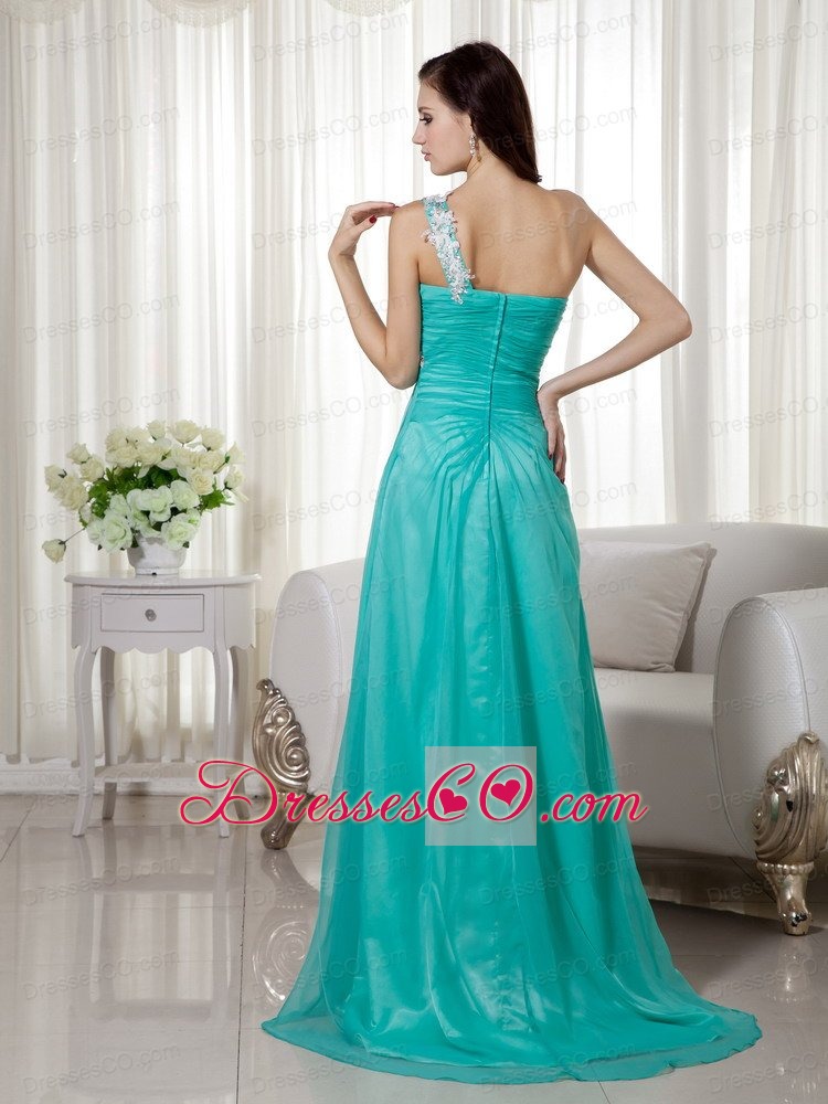 Turquoise Empire One Shoulder Brush Train Silk Like Satin and Chiffon Appliques Prom Dress