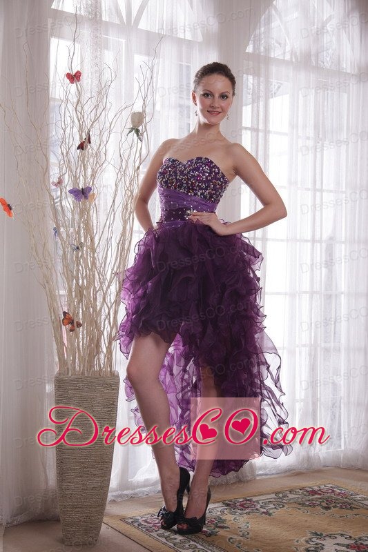 Purple Column High-low Organza Beading Prom / Cocktail Dress