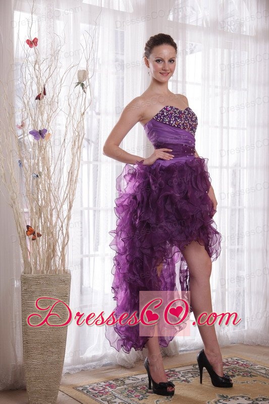 Purple Column High-low Organza Beading Prom / Cocktail Dress