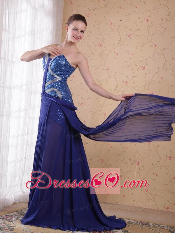 Royal Blue Empire Brush / Sweep Beading Pleat Chiffon Prom / Party Dress