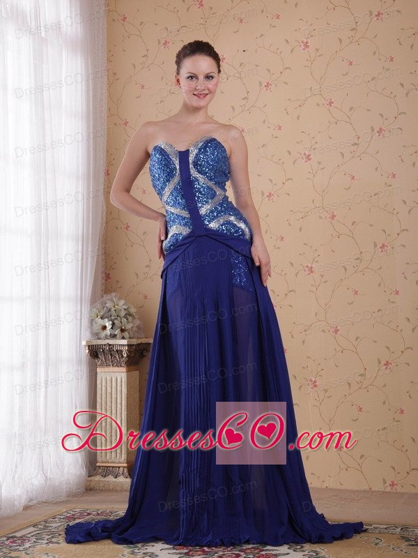 Royal Blue Empire Brush / Sweep Beading Pleat Chiffon Prom / Party Dress