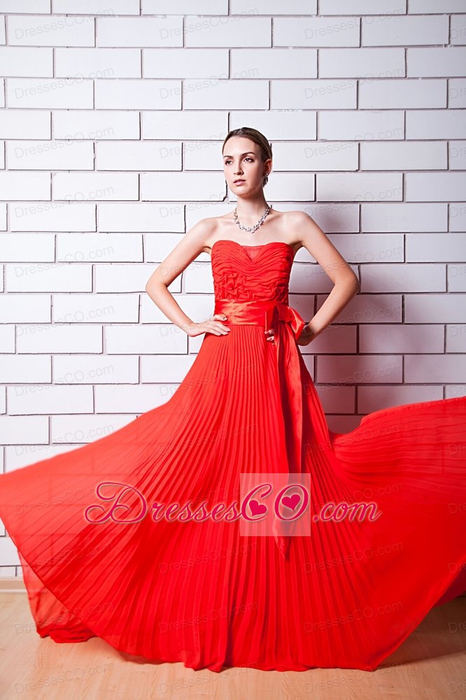 Red Column Strapless Prom Dress Chiffon Pleat Brush Train