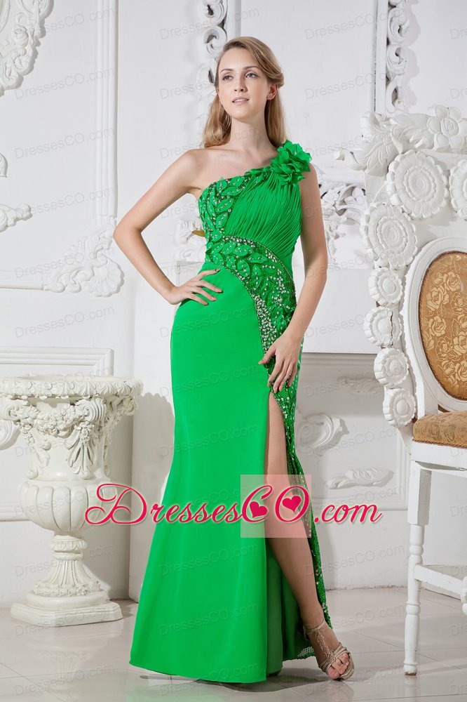 Green One Shoulder Hand Made Flowers Cut Out Prom Dress Long Elastic Wove Satin