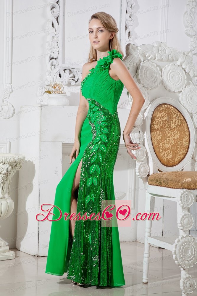 Green One Shoulder Hand Made Flowers Cut Out Prom Dress Long Elastic Wove Satin