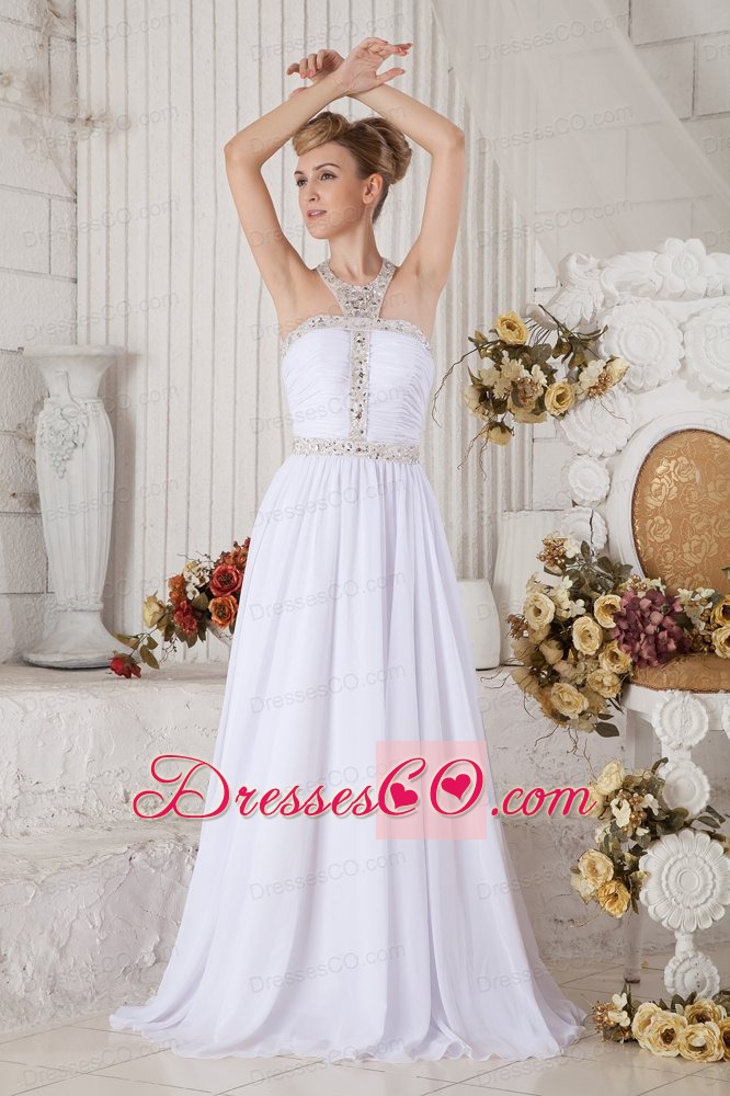 Unique White Halter Top Chiffon Prom Dress with Beading