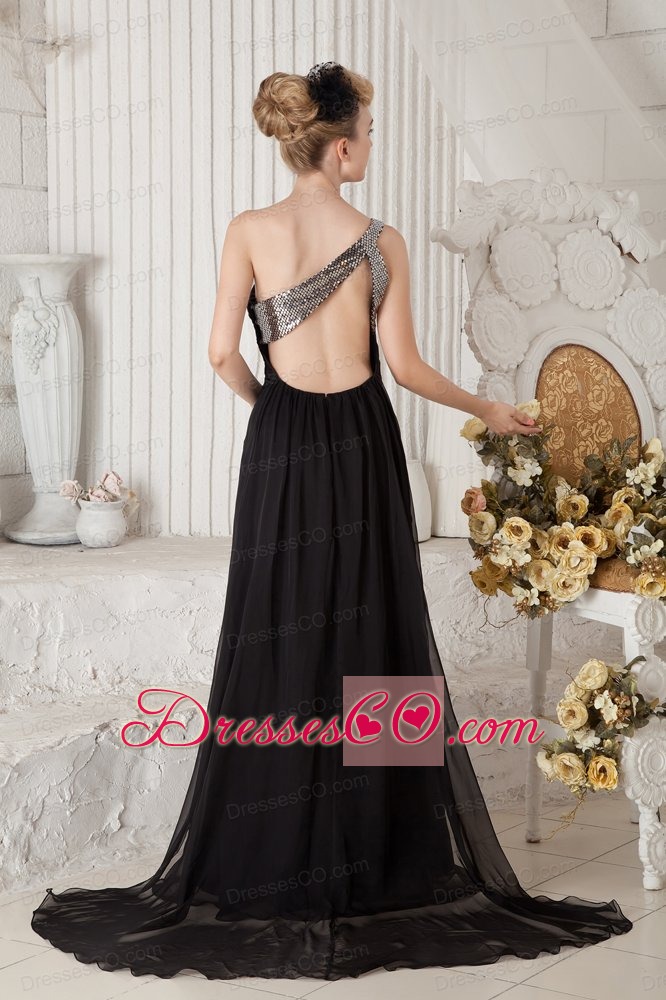 Black Column One Shoulder Prom Dress Brush Train Chiffon Ruching and Beading