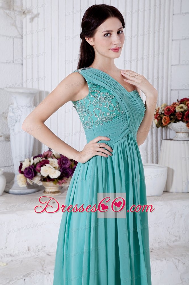 Turquoise Empire One Shoulder Prom Dress Chiffon Appliques Long