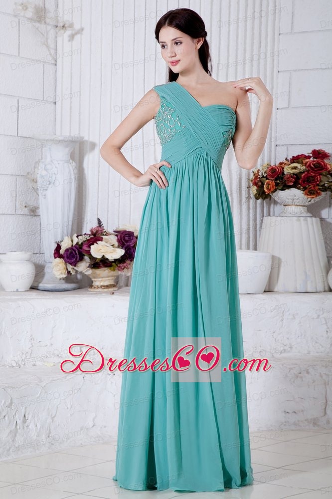 Turquoise Empire One Shoulder Prom Dress Chiffon Appliques Long