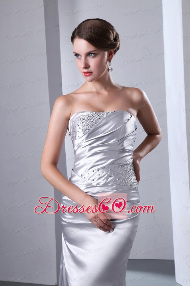 Silver  Column Strapless Beading Brush Train Elastic Wove Satin Prom Evening Dress