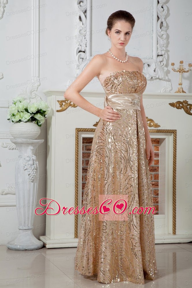 Champagne Empire Strapless Long Sequin Beading Prom Dress
