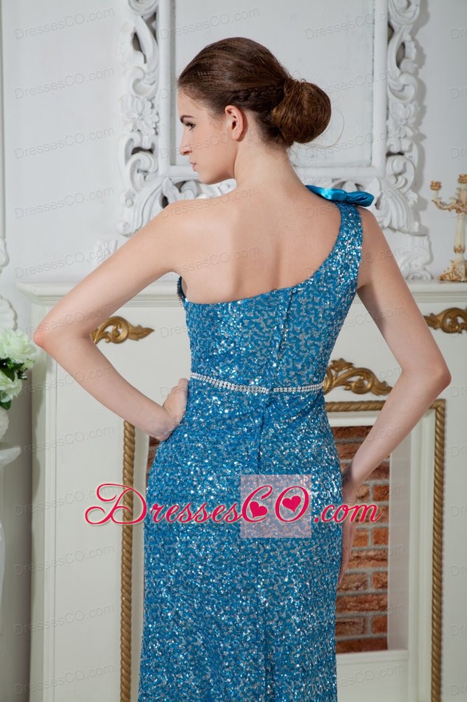 Teal Column One Shoulder Ankle-length Sequin Beading Prom Dress