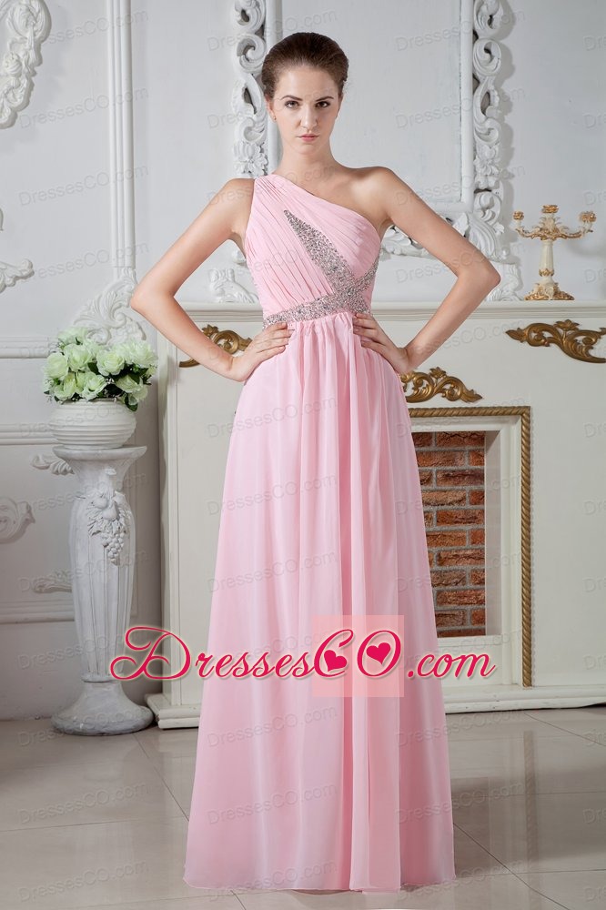 Cheap Baby Pink One Shoulder Chiffon Prom Dress Beaded