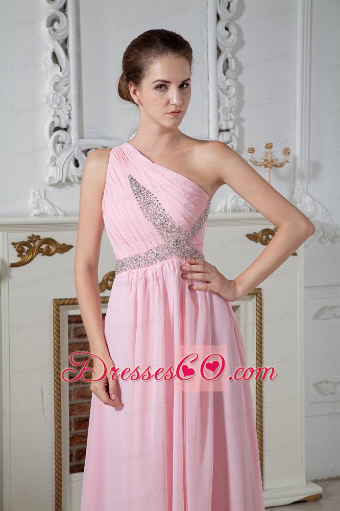 Cheap Baby Pink One Shoulder Chiffon Prom Dress Beaded