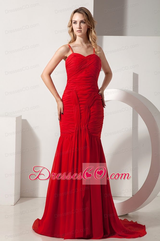 Red Mermaid Spaghetti Straps Brush Train Chiffon Ruching Prom Dress