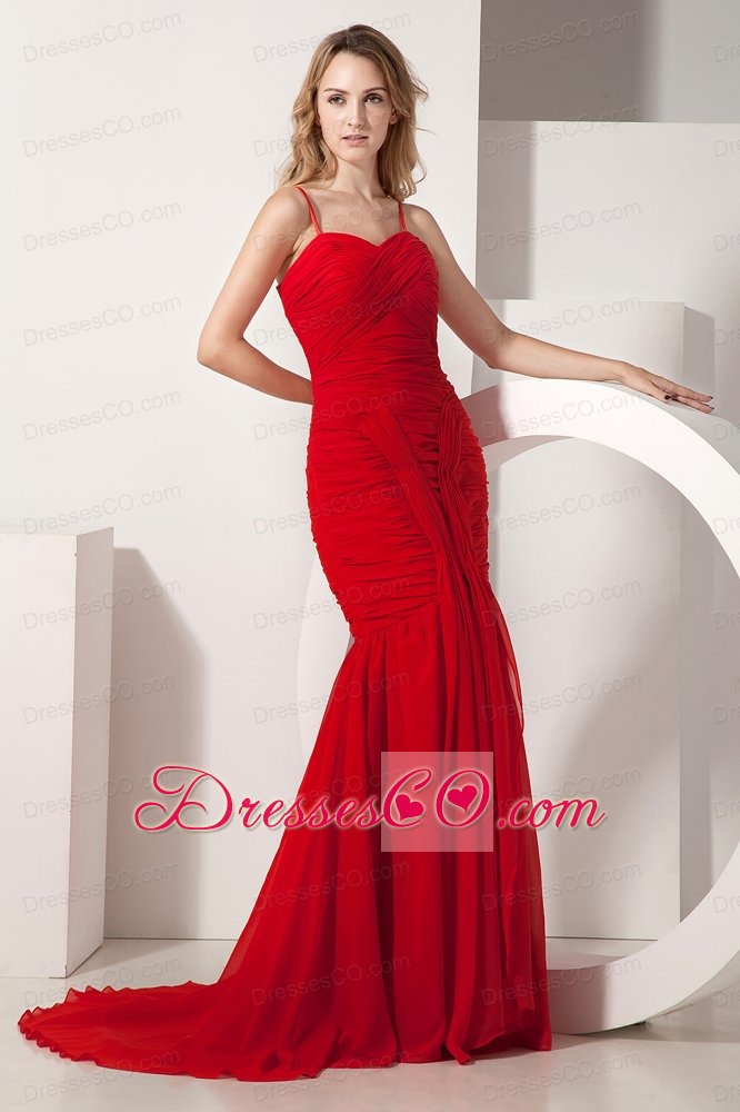 Red Mermaid Spaghetti Straps Brush Train Chiffon Ruching Prom Dress