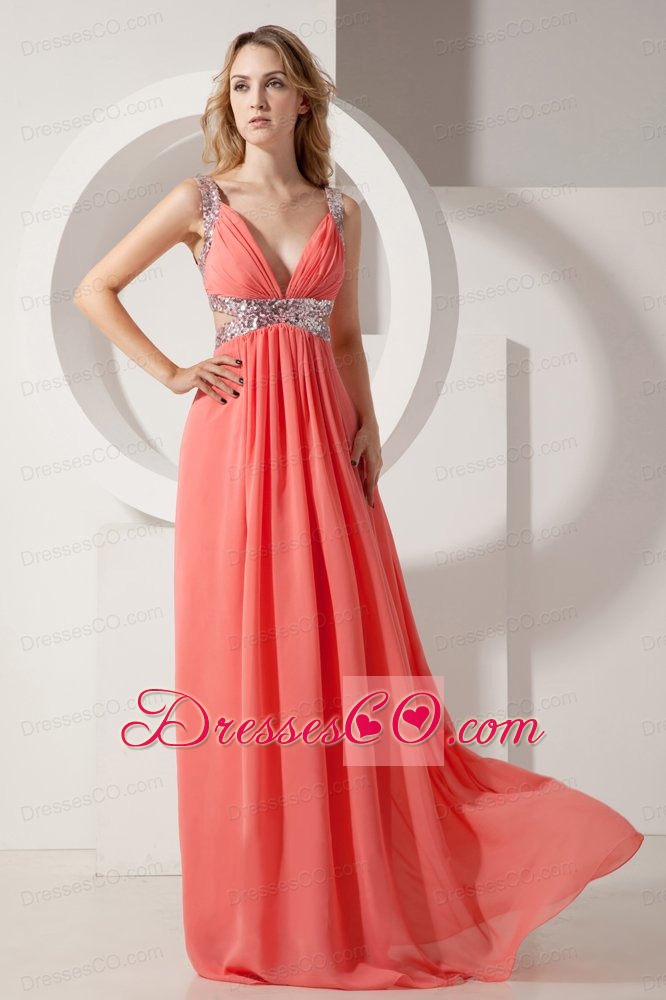 Rust Red Empire V-neck Long Sequins Chiffon Prom Dress