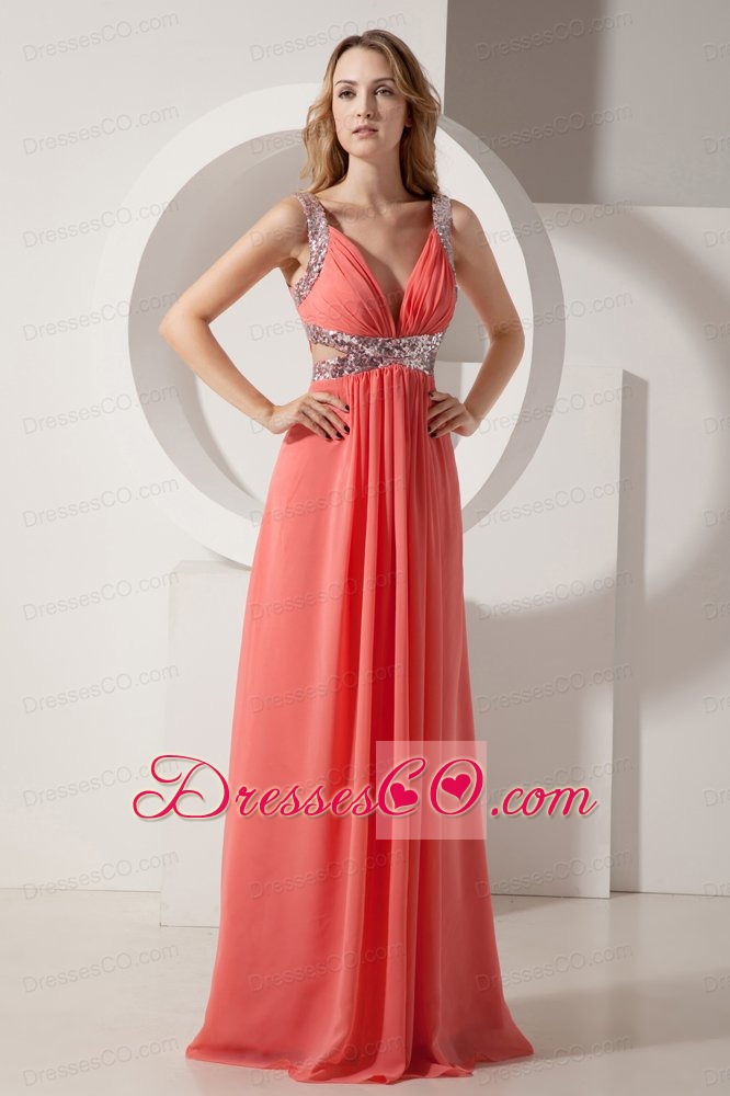 Rust Red Empire V-neck Long Sequins Chiffon Prom Dress