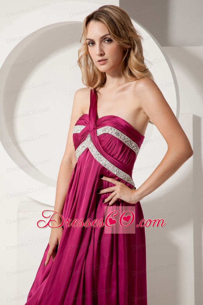 Fuchsia Column Prom / Evening Dress One Shoulder Brush Train Silk Like Satin Beading