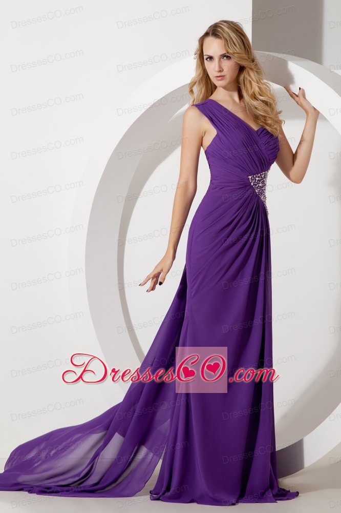 Purple Column One Shoulder Beading Prom Dress Watteau Train Chiffon