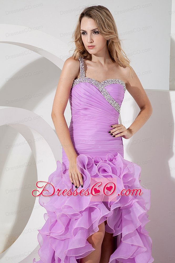 Lavender Column / Sheath One Shoulder Prom Dress High-low Organza Beading