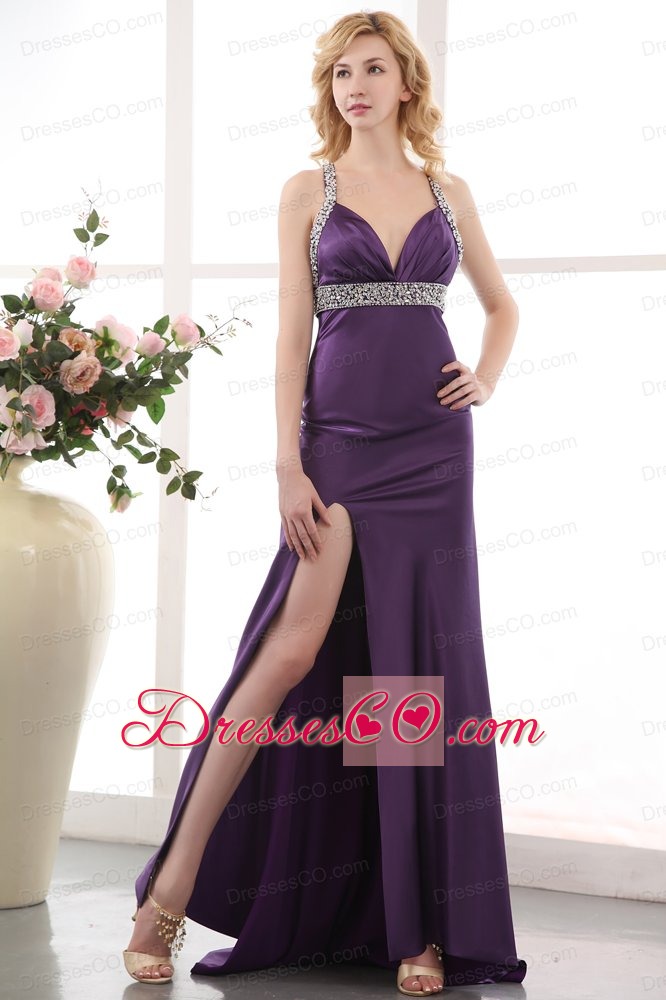 Sexy Purple Prom Dress Straps Brush Train Elastic Woven Satin Beading Column