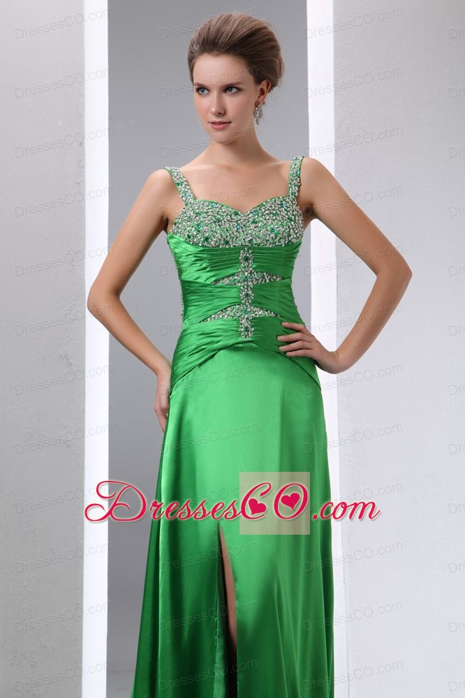 Sexy Green Beading Prom Dress Column Straps Court Train Elastic Woven Satin