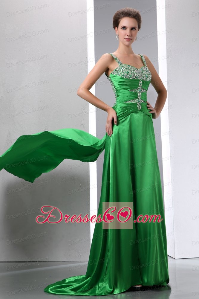 Sexy Green Beading Prom Dress Column Straps Court Train Elastic Woven Satin