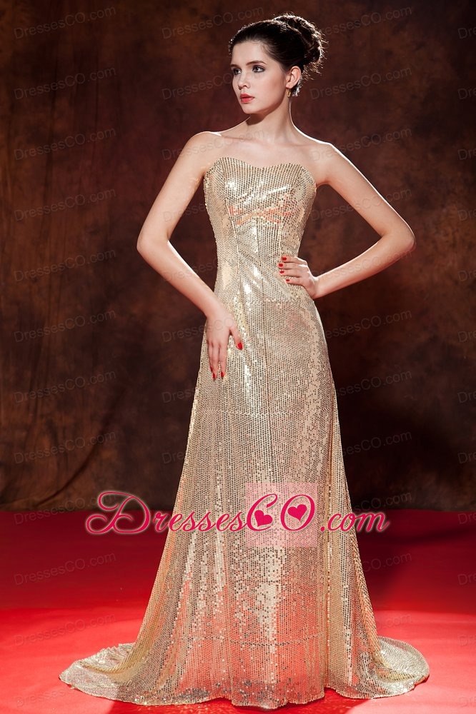 Luxurious Champagne Evening Dress Empire Sequin Brush Train