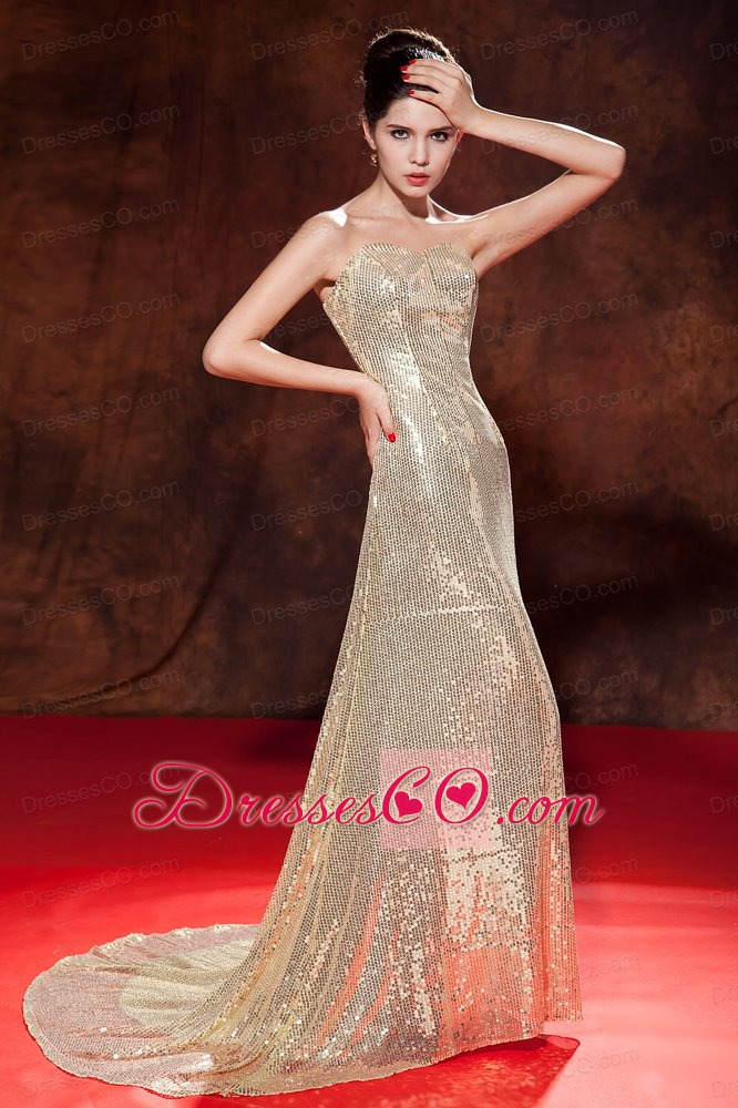 Luxurious Champagne Evening Dress Empire Sequin Brush Train