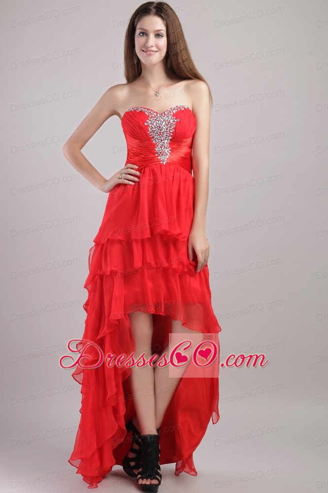 Red Empire High-low Organza Beading Prom Dress