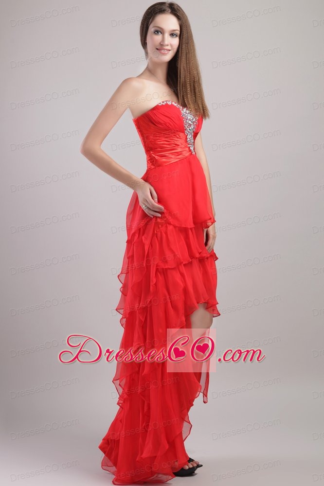 Red Empire High-low Organza Beading Prom Dress
