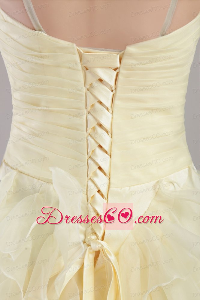 Light Yellow Empire Straps Ankle-length Organza Beading Prom / Evening Dress