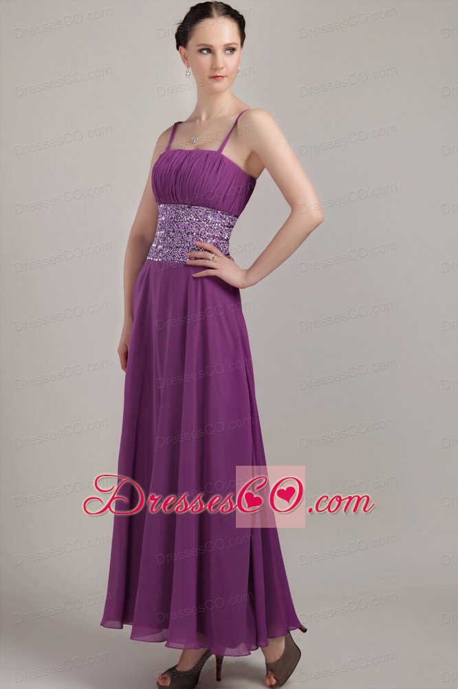Purple Empire Strap Ankle-length Chiffon Ruching Prom Dress