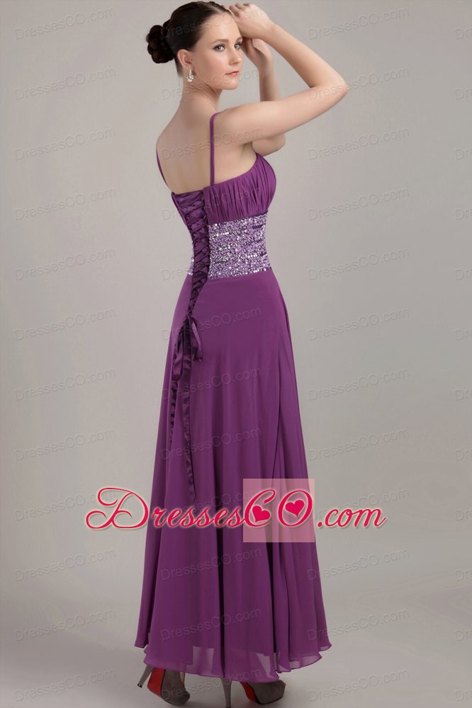Purple Empire Strap Ankle-length Chiffon Ruching Prom Dress