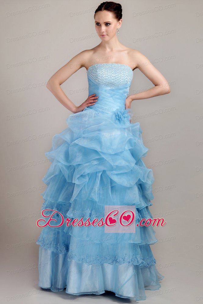 Baby Blue A-line Strapless Long Taffeta And Organza Beading Prom Dress