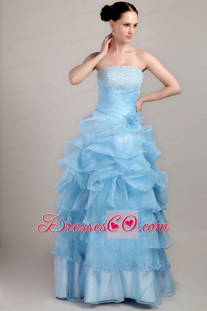 Baby Blue A-line Strapless Long Taffeta And Organza Beading Prom Dress