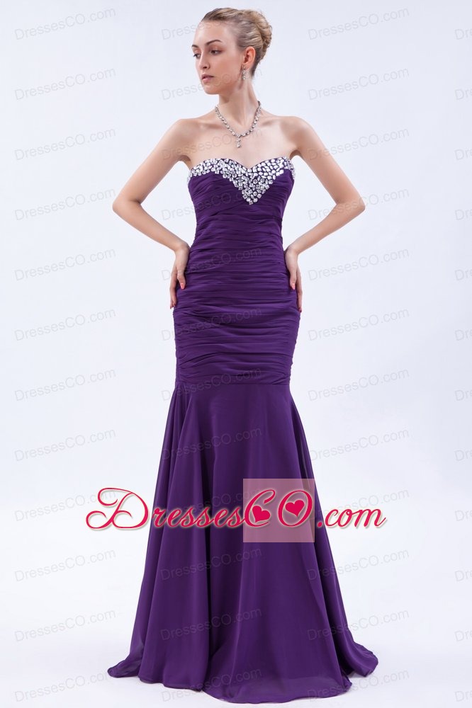 Purple Trumpet Beading and Ruching Prom Dress Brush Train Chiffon