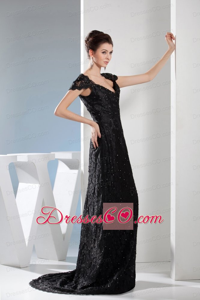 Beading Black Lace V-neck Column Brush Train Prom Dress