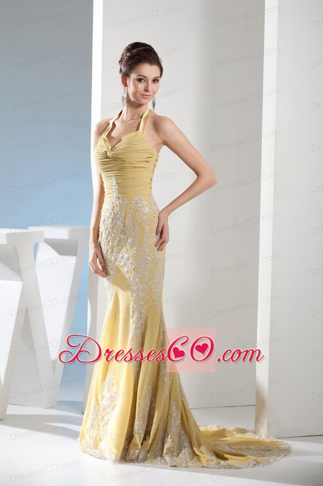 Appliques Mermaid Halter Gold Brush Train Prom Dress